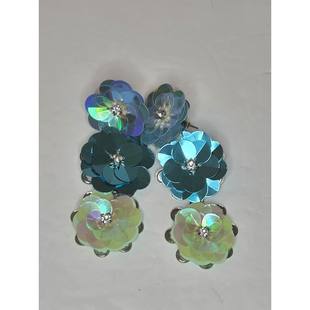 Crystal Sequin Beaded Flower Earrings Long Dangle Post